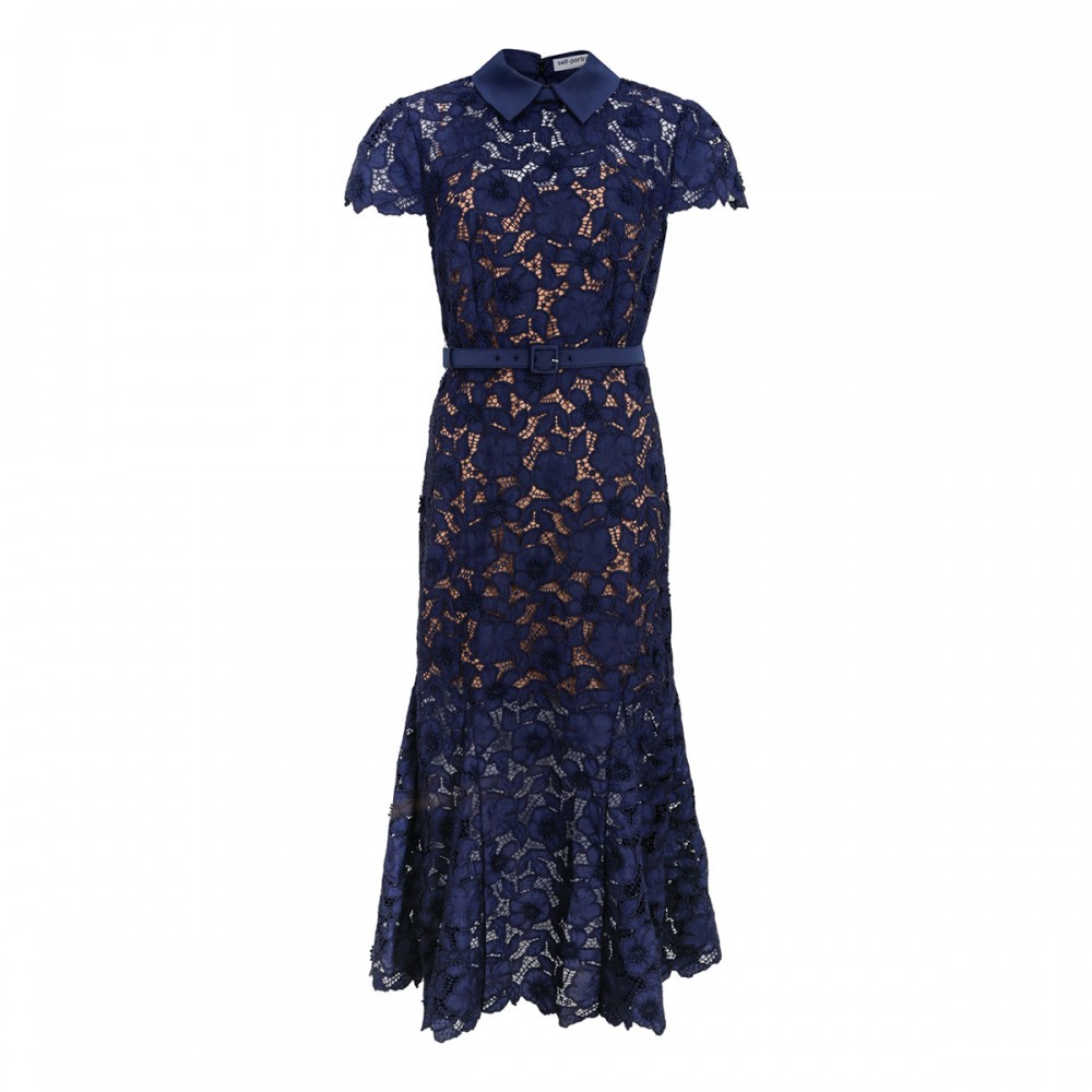 Navy guipure lace midi dress