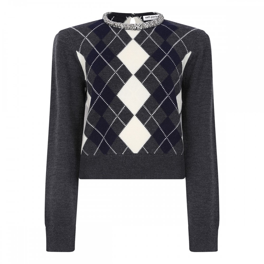 Grey argyle crystal trim sweater