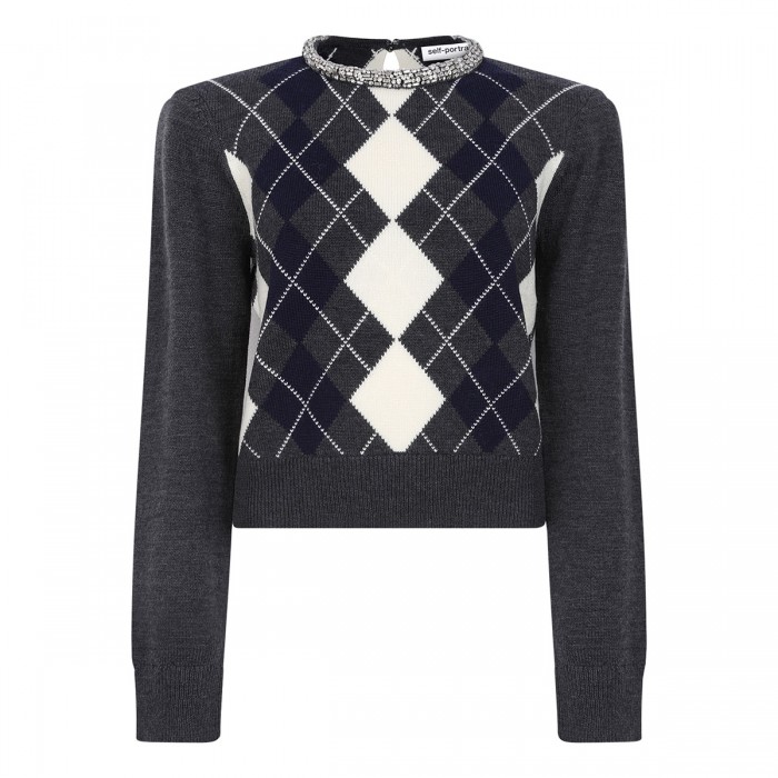 Grey argyle crystal trim sweater