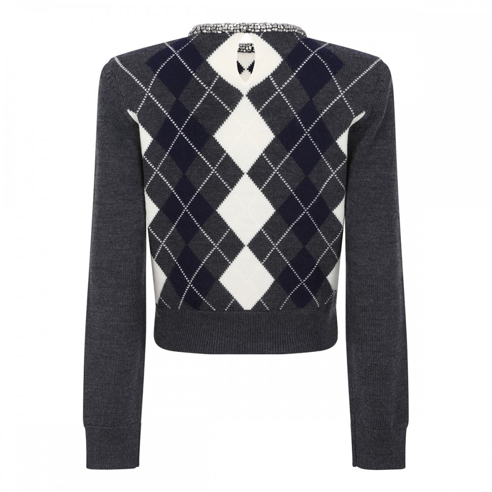 Grey argyle crystal trim sweater