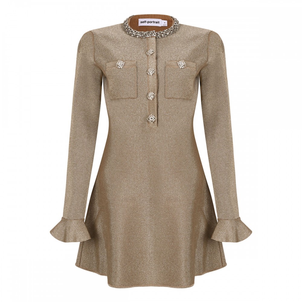 Gold crystal trim knit mini dress