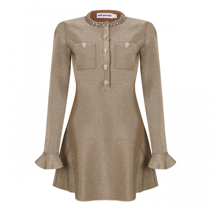 Gold crystal trim knit mini dress