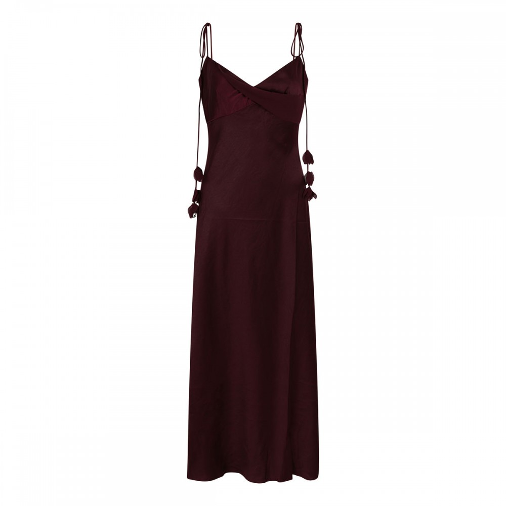 Burgundy satin flower midi dress