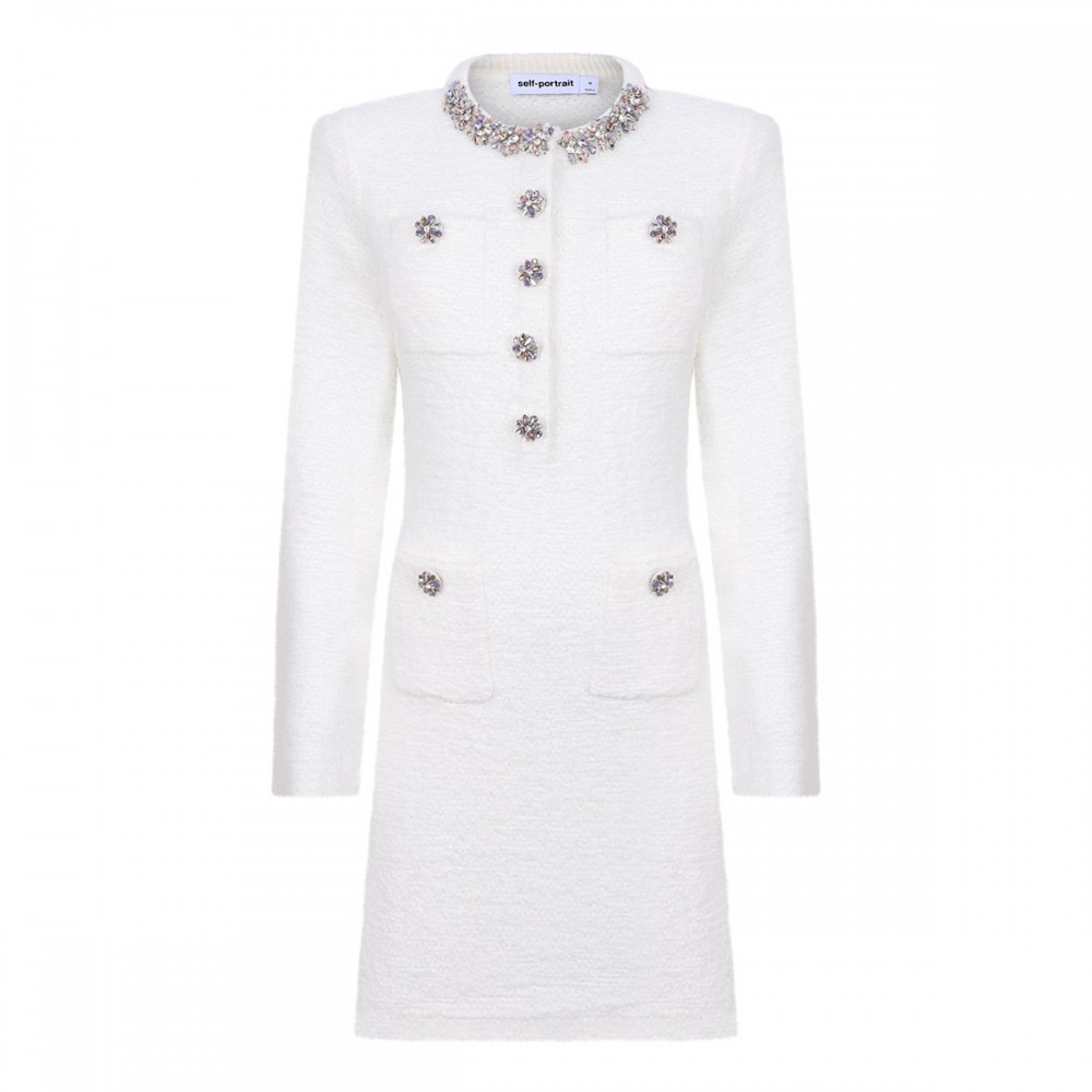 Cream crystal trim knit mini dress