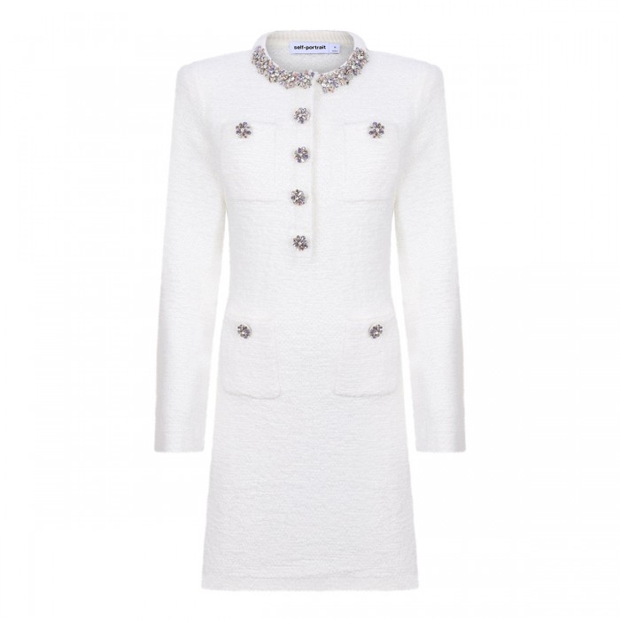 Cream crystal trim knit mini dress