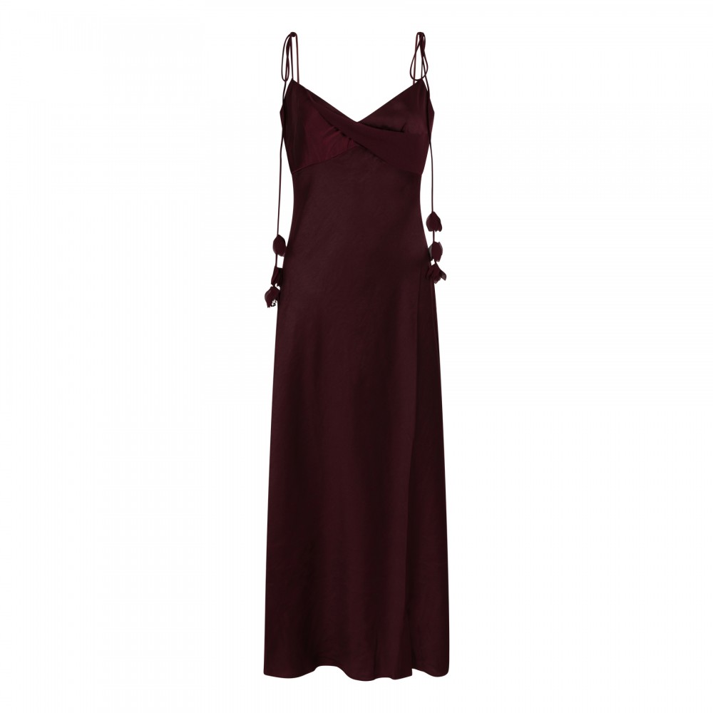 Burgundy satin flower midi dress