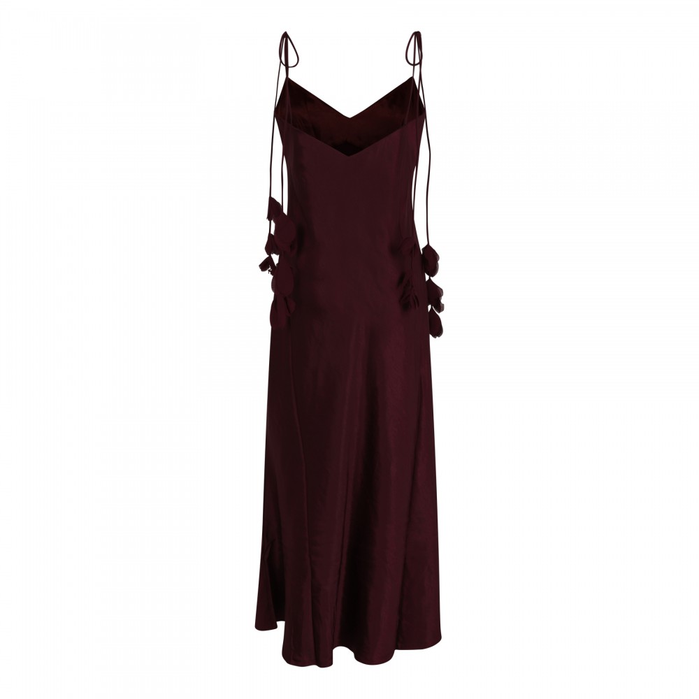 Burgundy satin flower midi dress