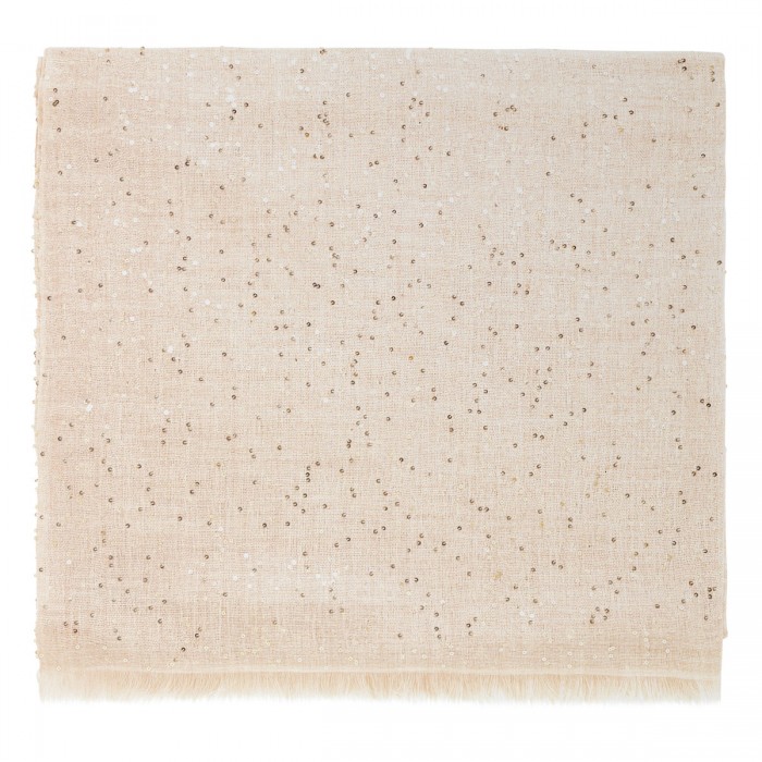 Ecru silk and wool blend scarf with sequins