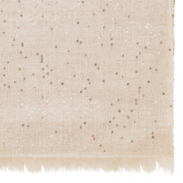 Ecru silk and wool blend scarf with sequins