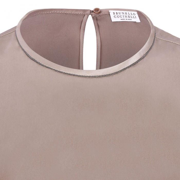 Mauve-taupe silk T-shirt with monili