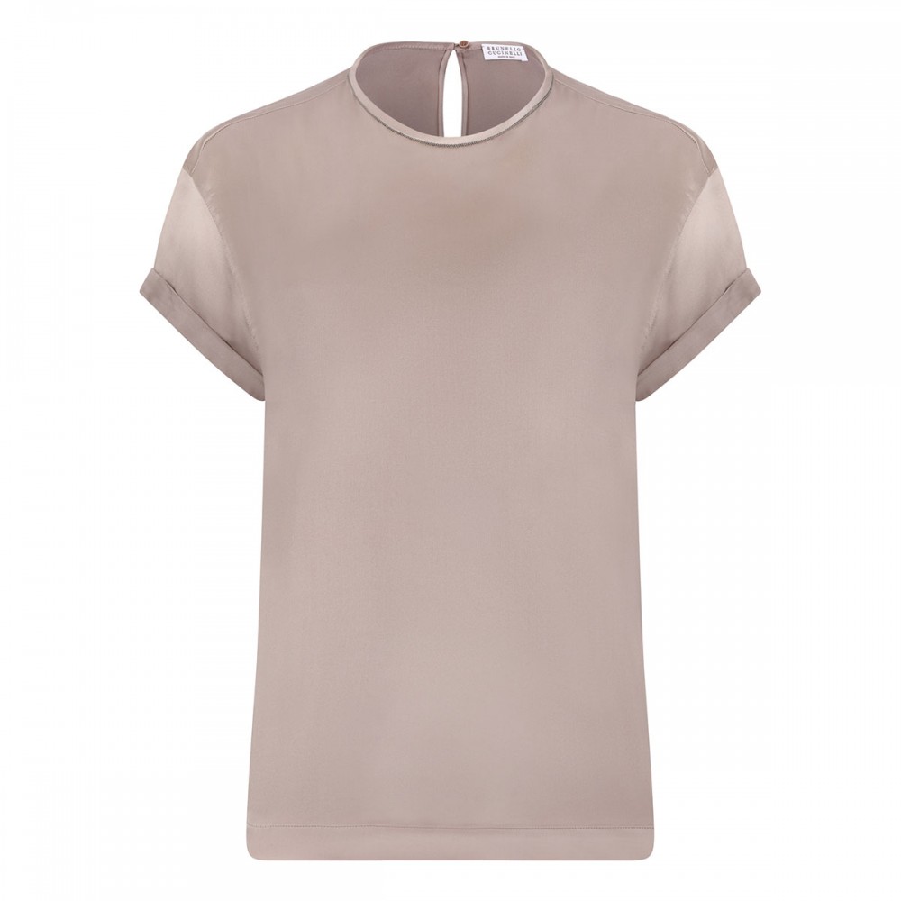Mauve-taupe silk T-shirt with monili