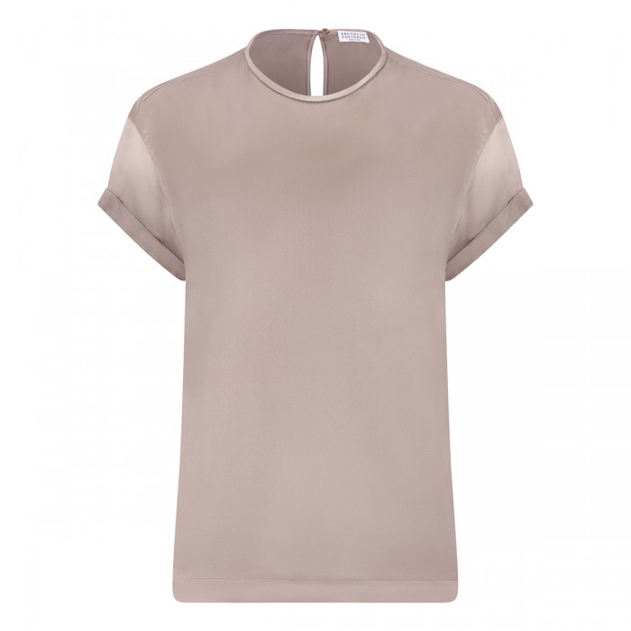 Mauve-taupe silk T-shirt with monili
