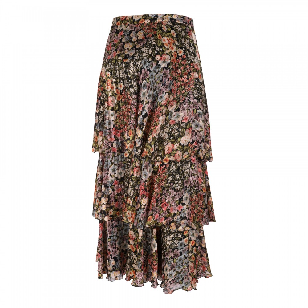 Floral plissé tiered skirt