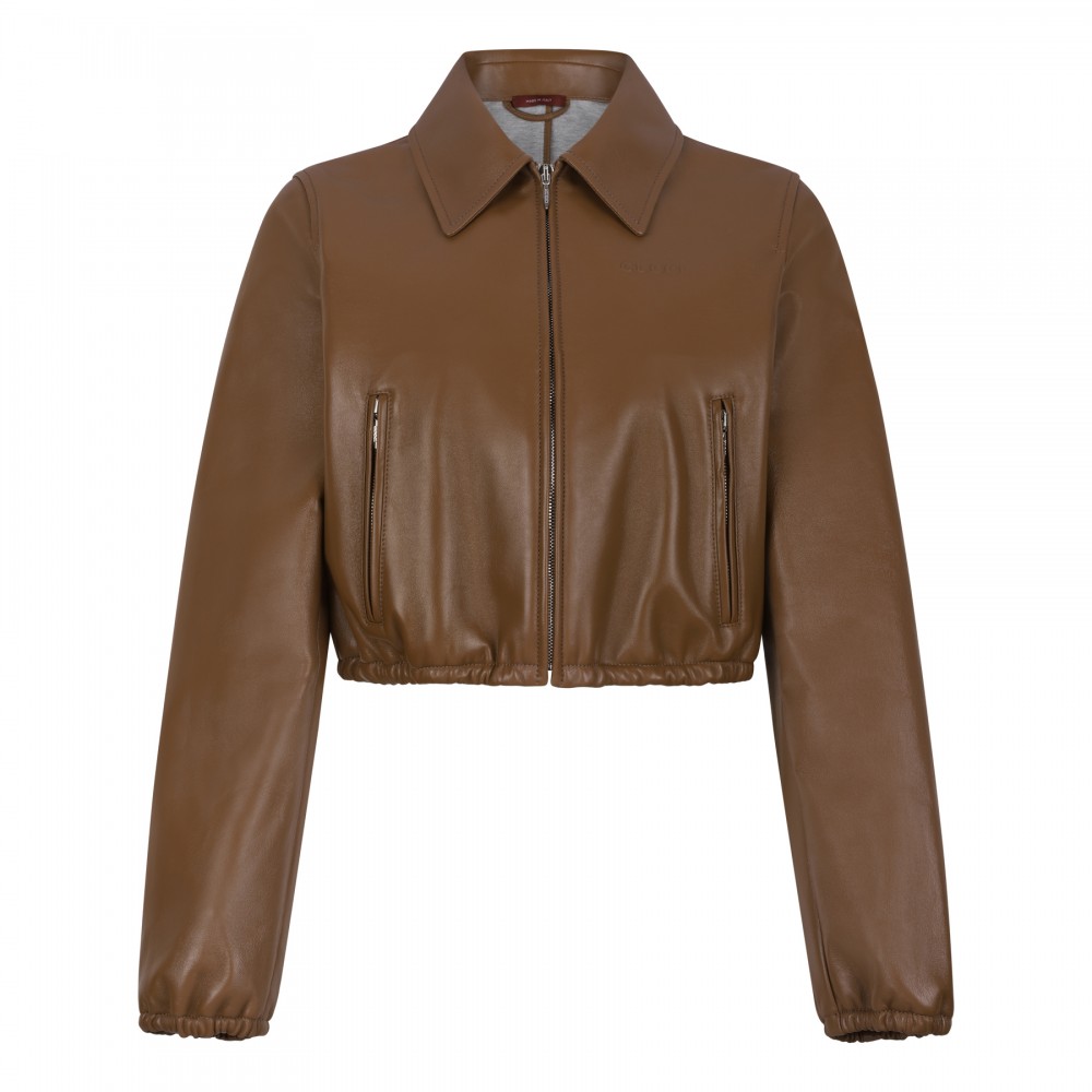 Brown leather bomber jacket