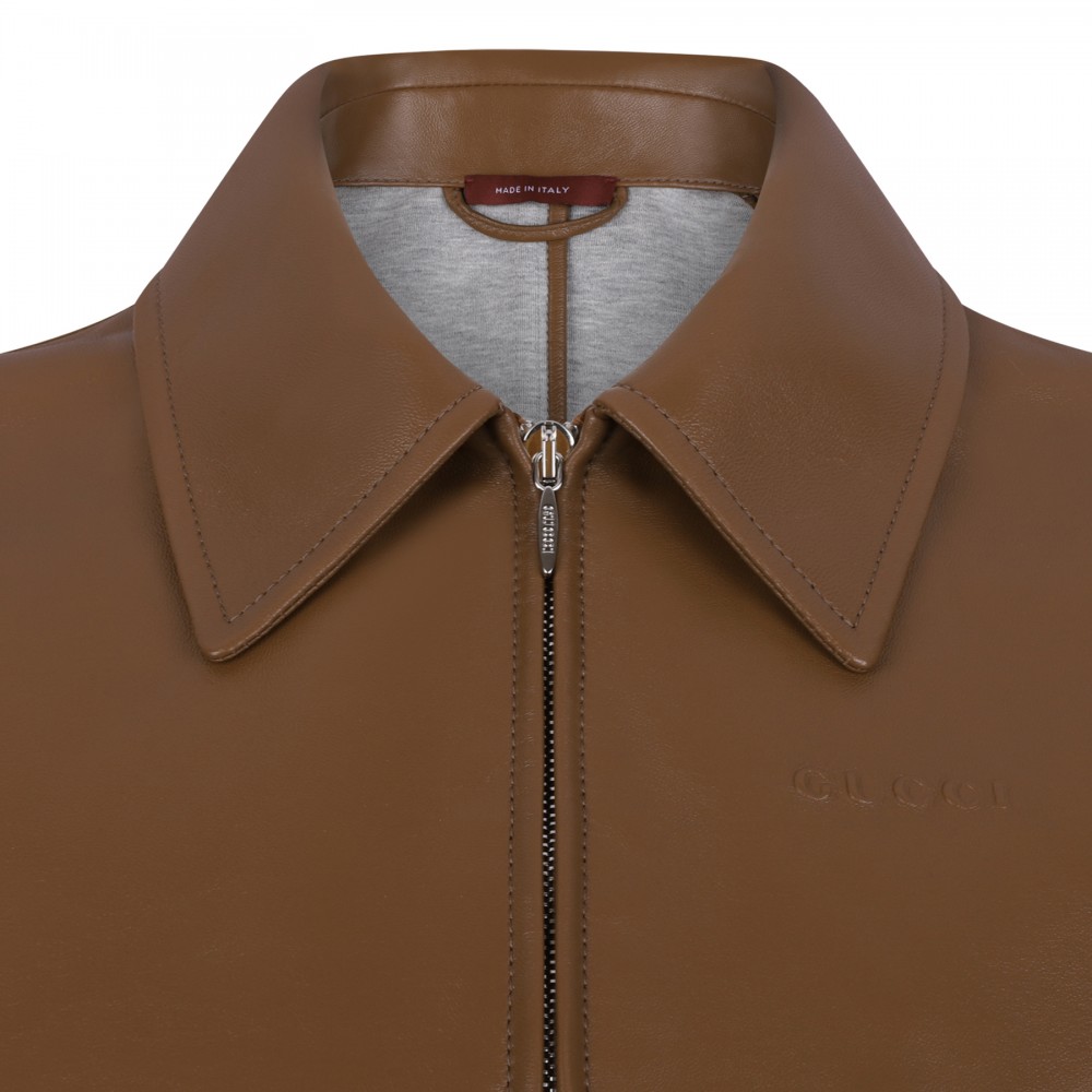 Brown leather bomber jacket