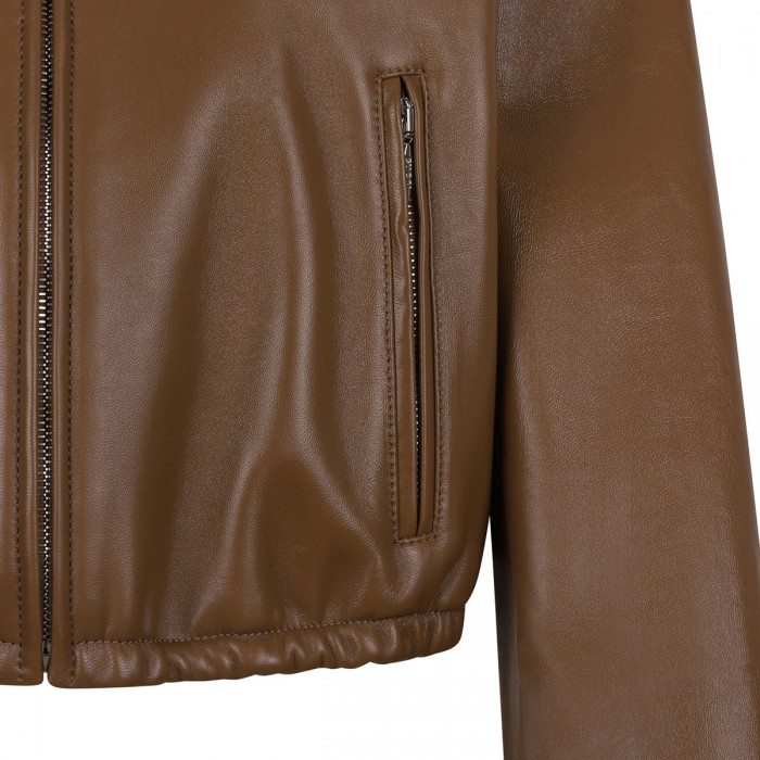 Brown leather bomber jacket