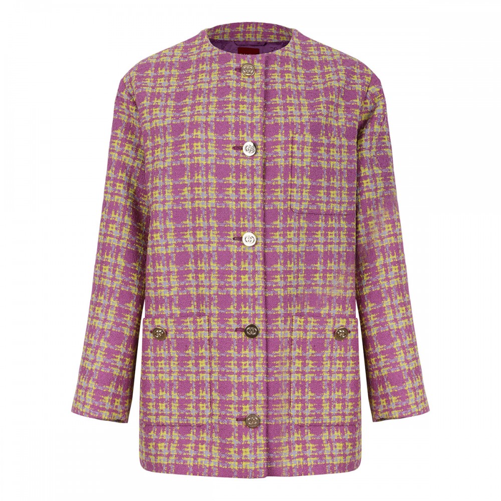 Collarless tweed jacket