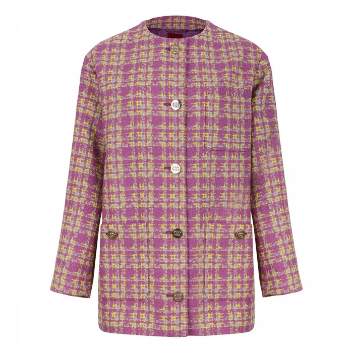 Collarless tweed jacket