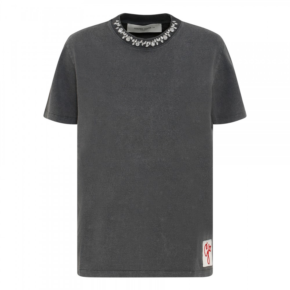 Crystal-embellished distressed T-shirt