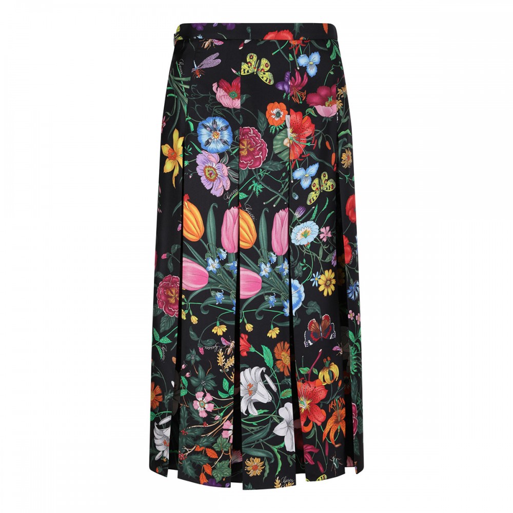 Flora print silk twill skirt