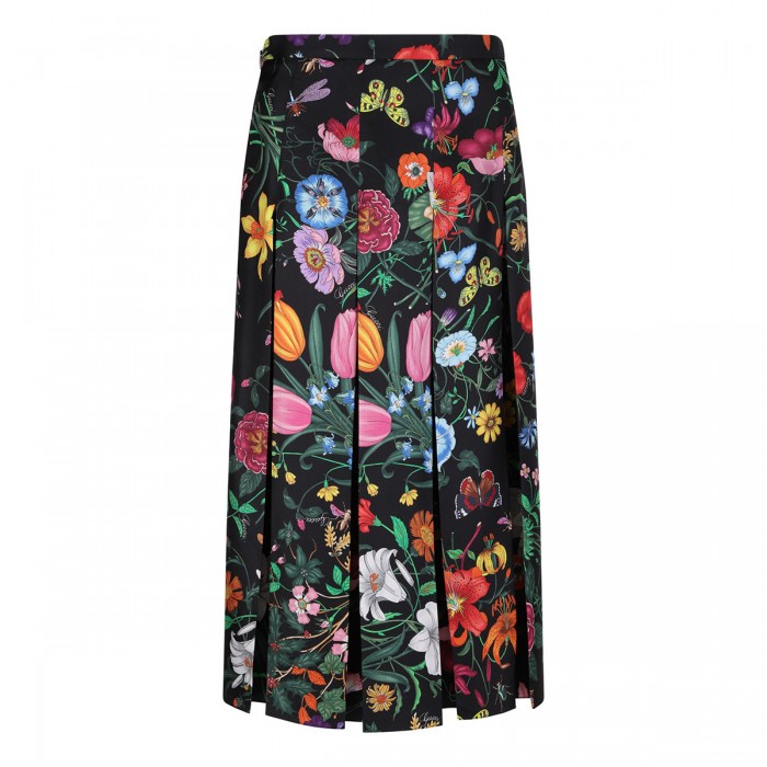 Flora print silk twill skirt