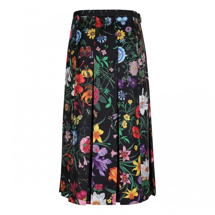 Flora print silk twill skirt