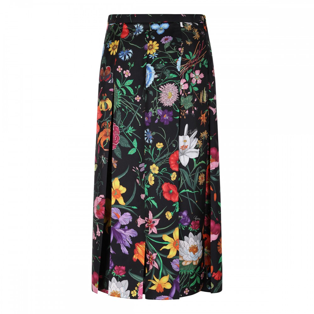 Flora print silk twill skirt
