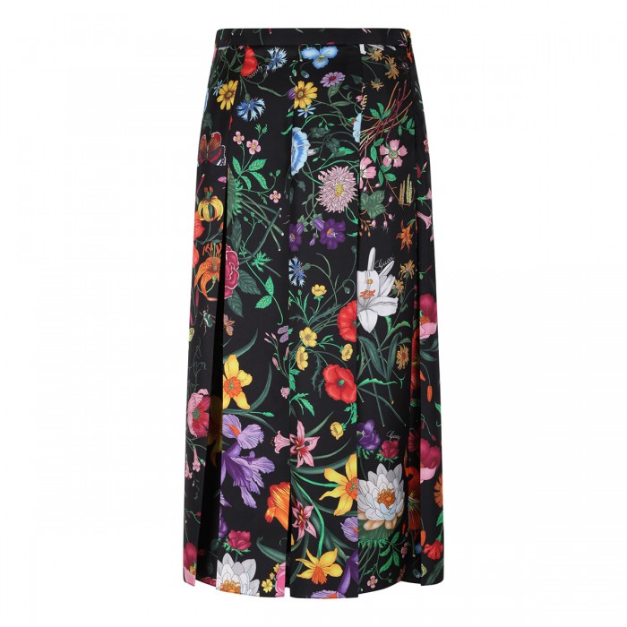Flora print silk twill skirt