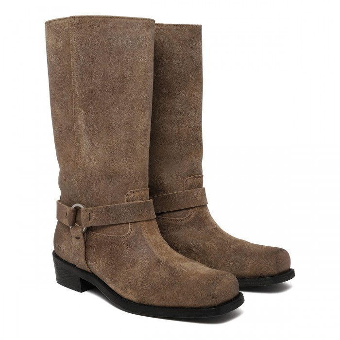 Beige waxed suede biker boots