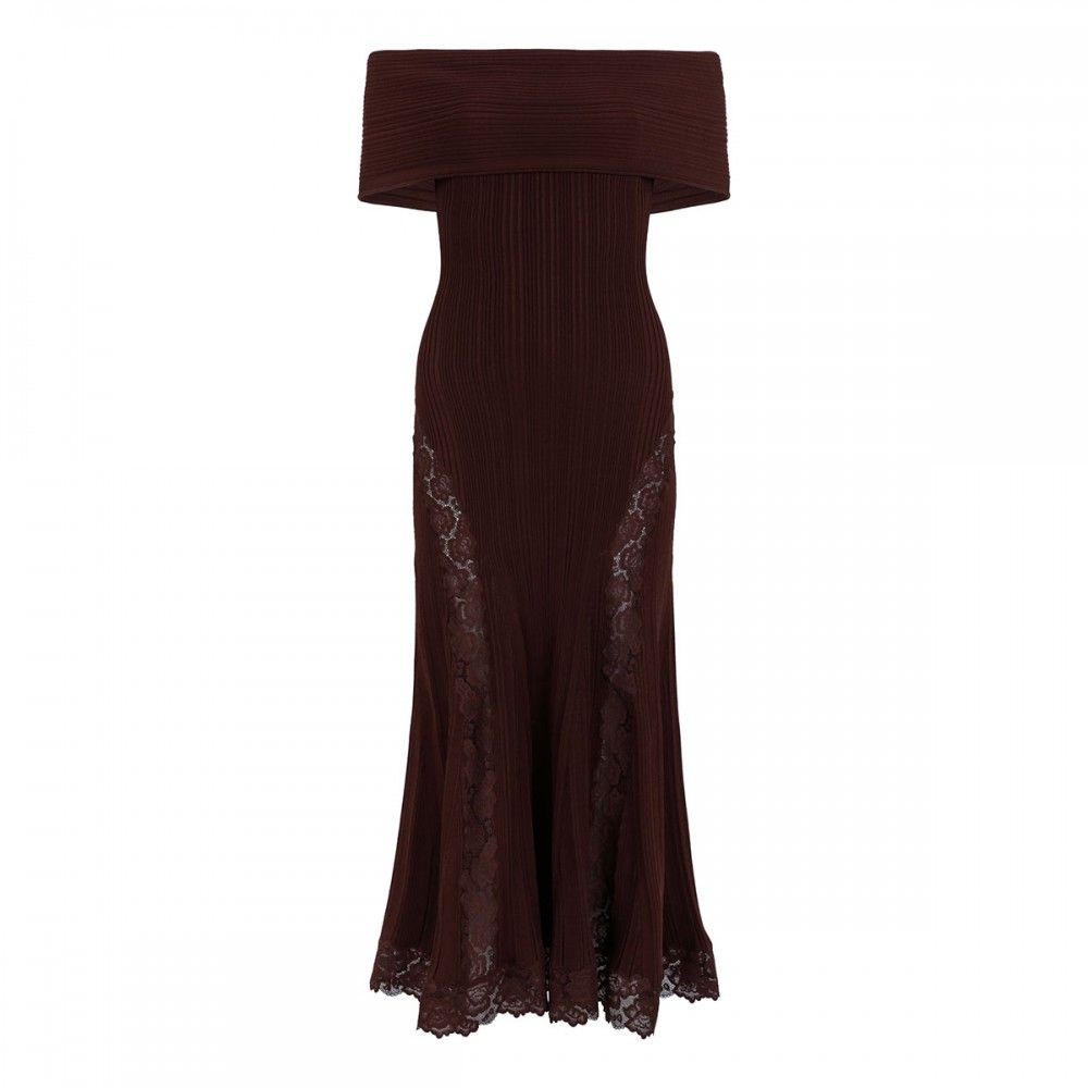 Burgundy knit lace insert midi dress