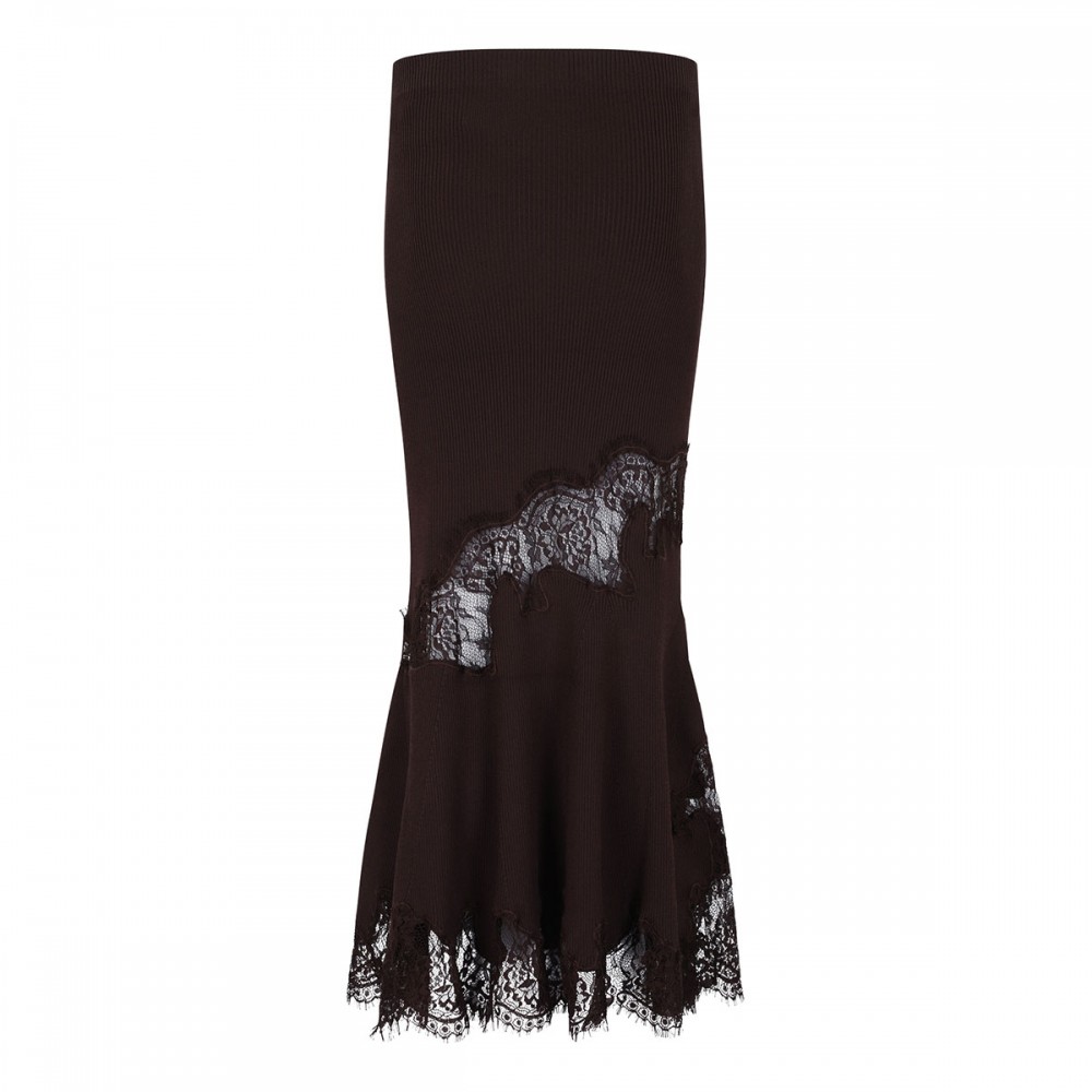 Brown ribbed knit midi skirt