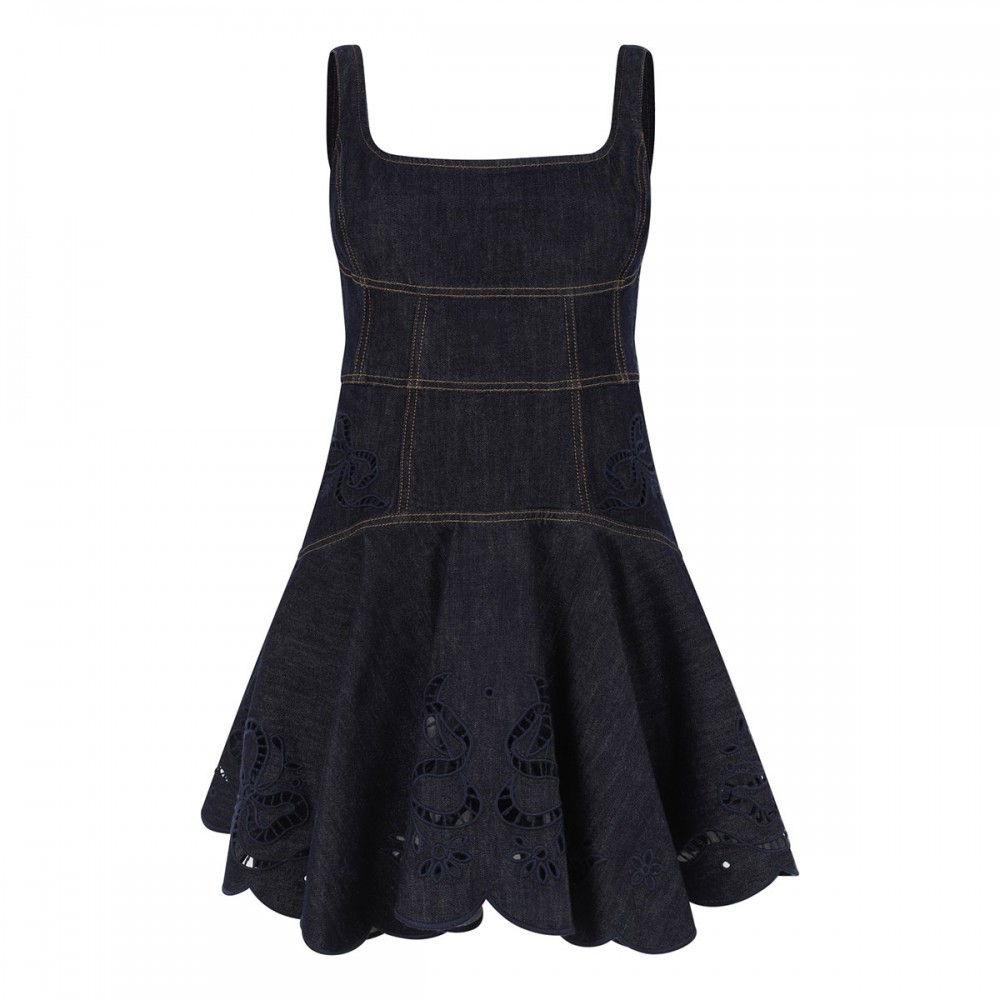 Indigo denim bow embroidered mini dress