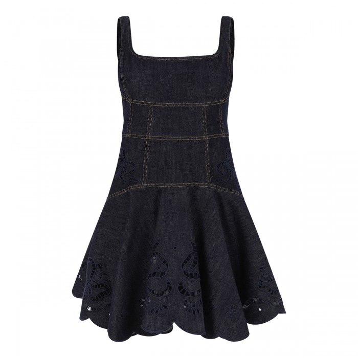 Indigo denim bow embroidered mini dress