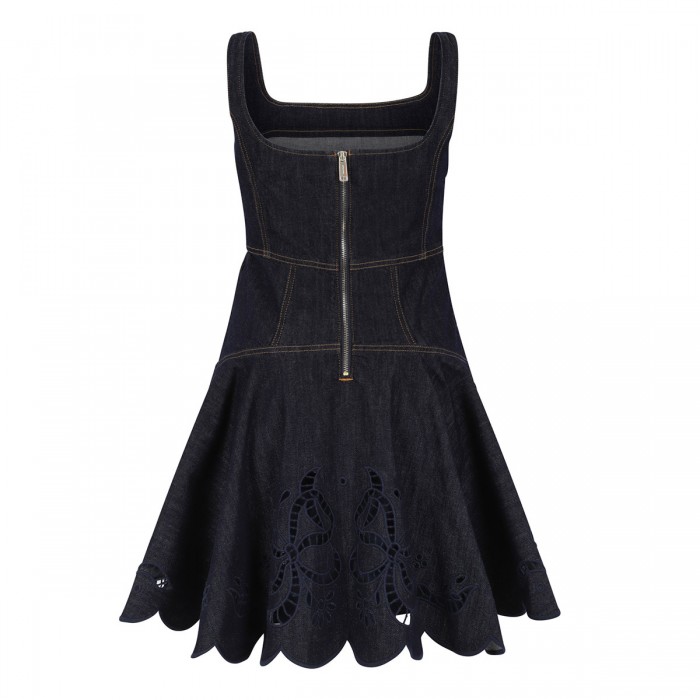 Indigo denim bow embroidered mini dress