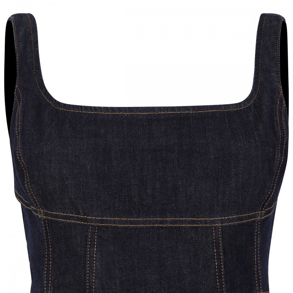 Indigo denim bow embroidered mini dress