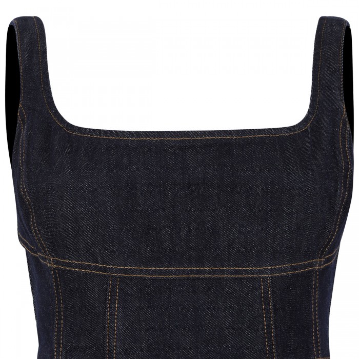 Indigo denim bow embroidered mini dress