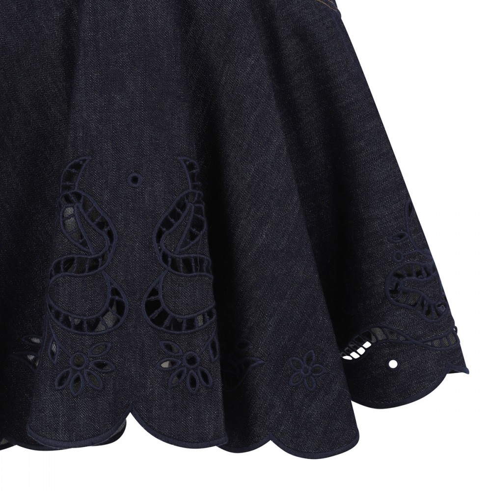 Indigo denim bow embroidered mini dress