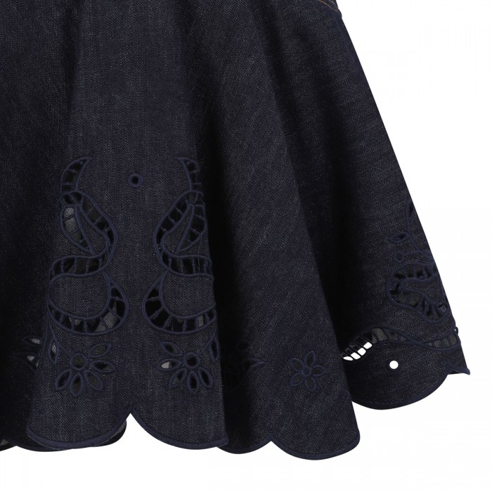 Indigo denim bow embroidered mini dress