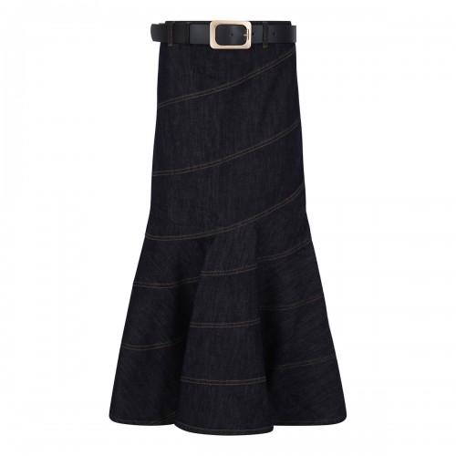Indigo denim belted midi skirt