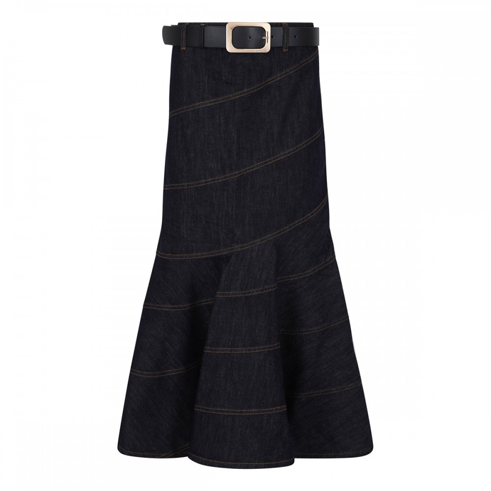 Indigo denim belted midi skirt