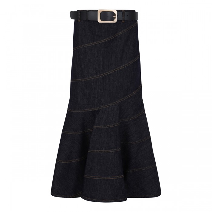 Indigo denim belted midi skirt