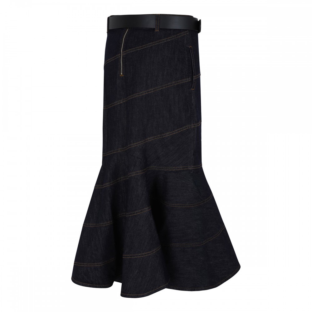 Indigo denim belted midi skirt