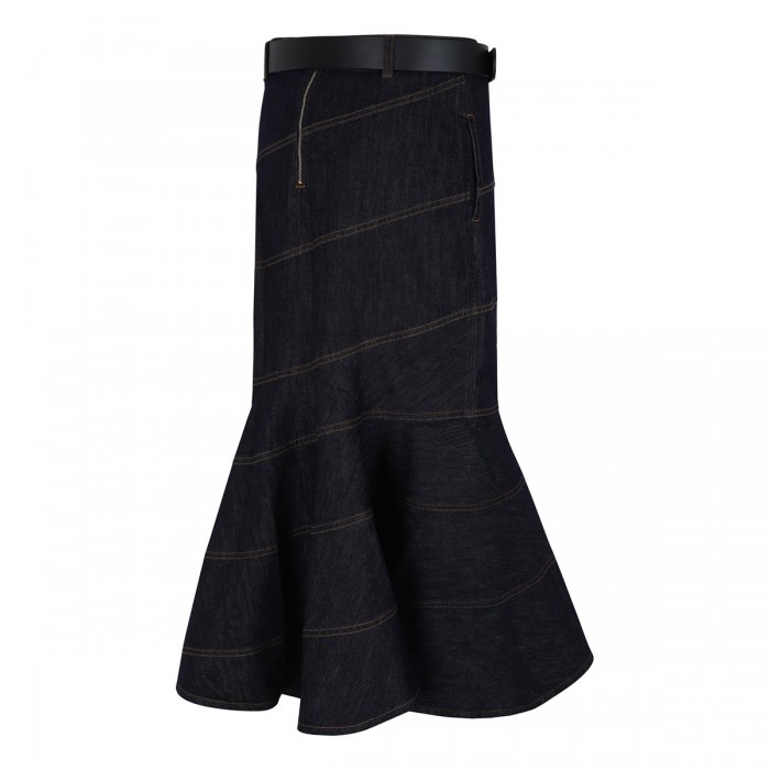 Indigo denim belted midi skirt