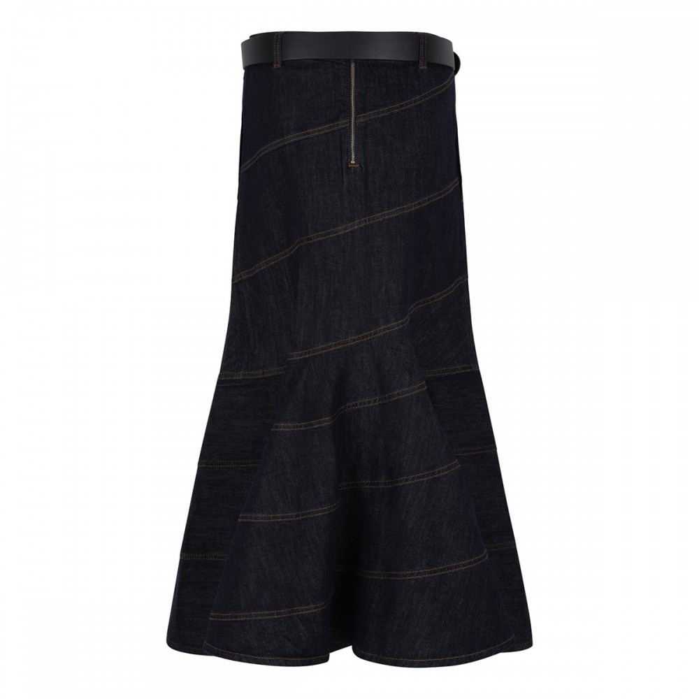 Indigo denim belted midi skirt