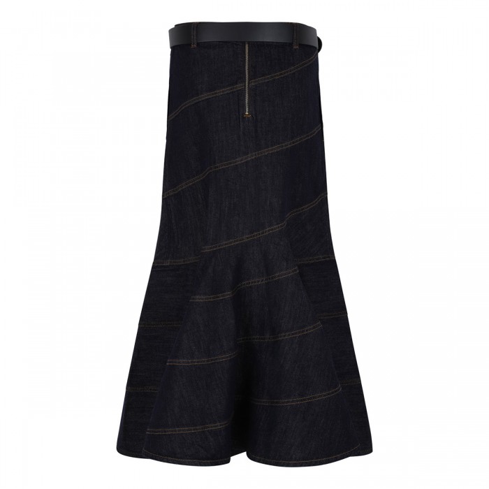 Indigo denim belted midi skirt