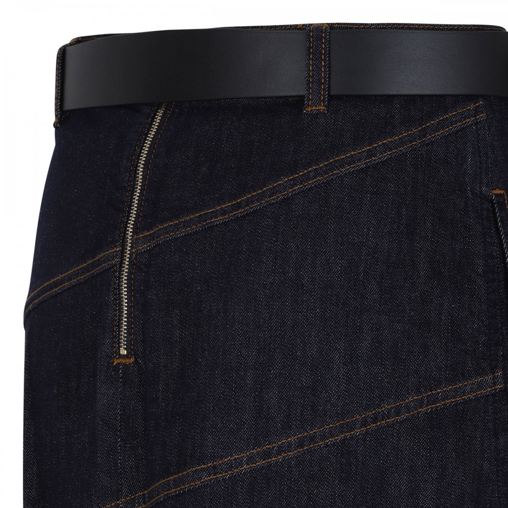 Indigo denim belted midi skirt