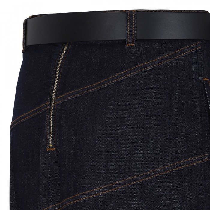 Indigo denim belted midi skirt