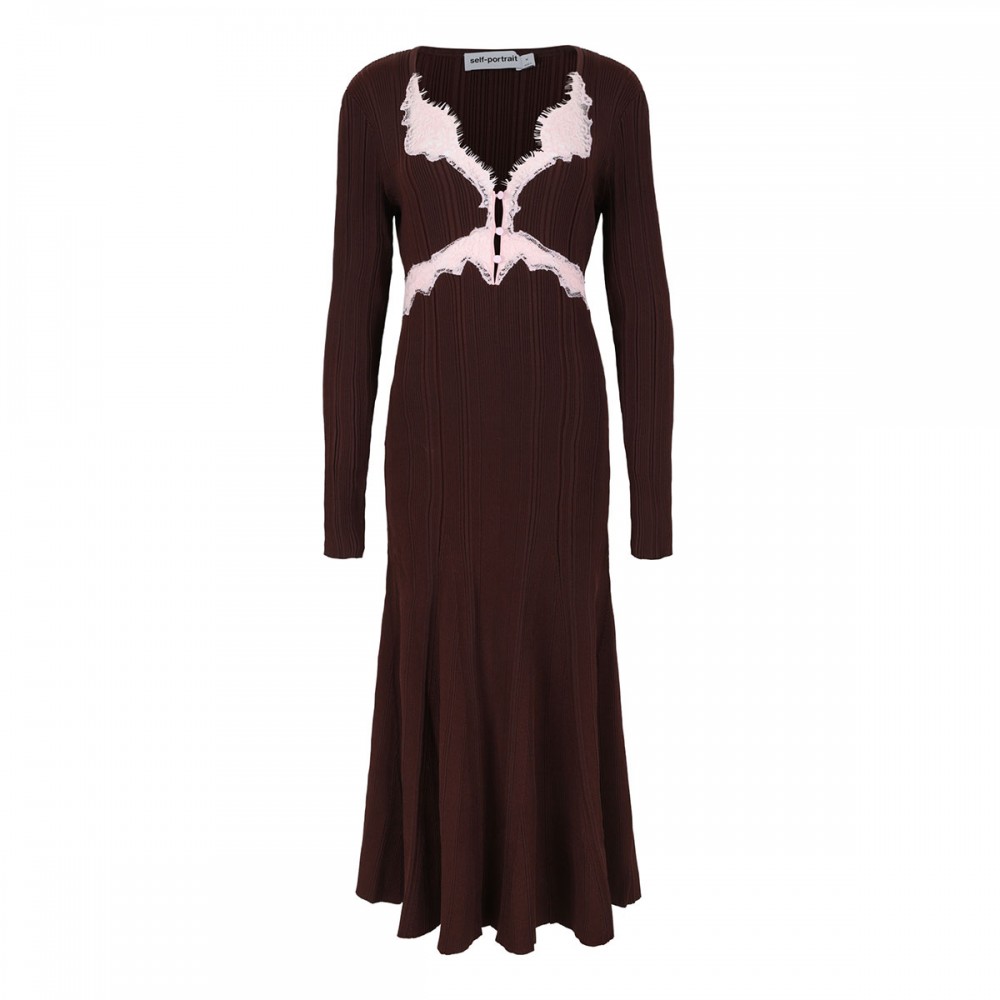 Brown contrast lace knit midi dress