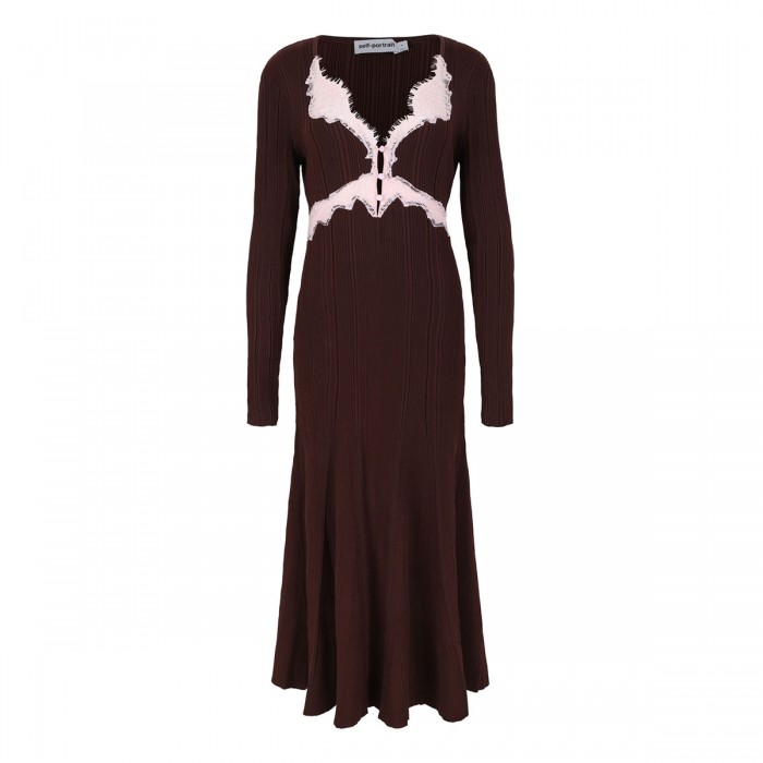 Brown contrast lace knit midi dress