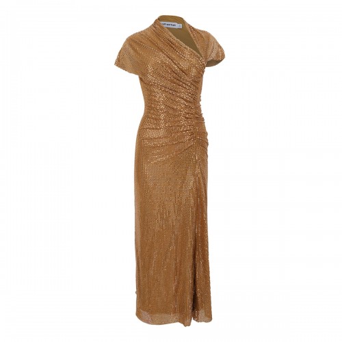 Gold rhinestone drape midi...